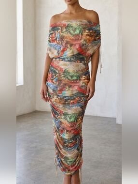 Just Bee Queen Printed Ruched Maxi Dress Size Large